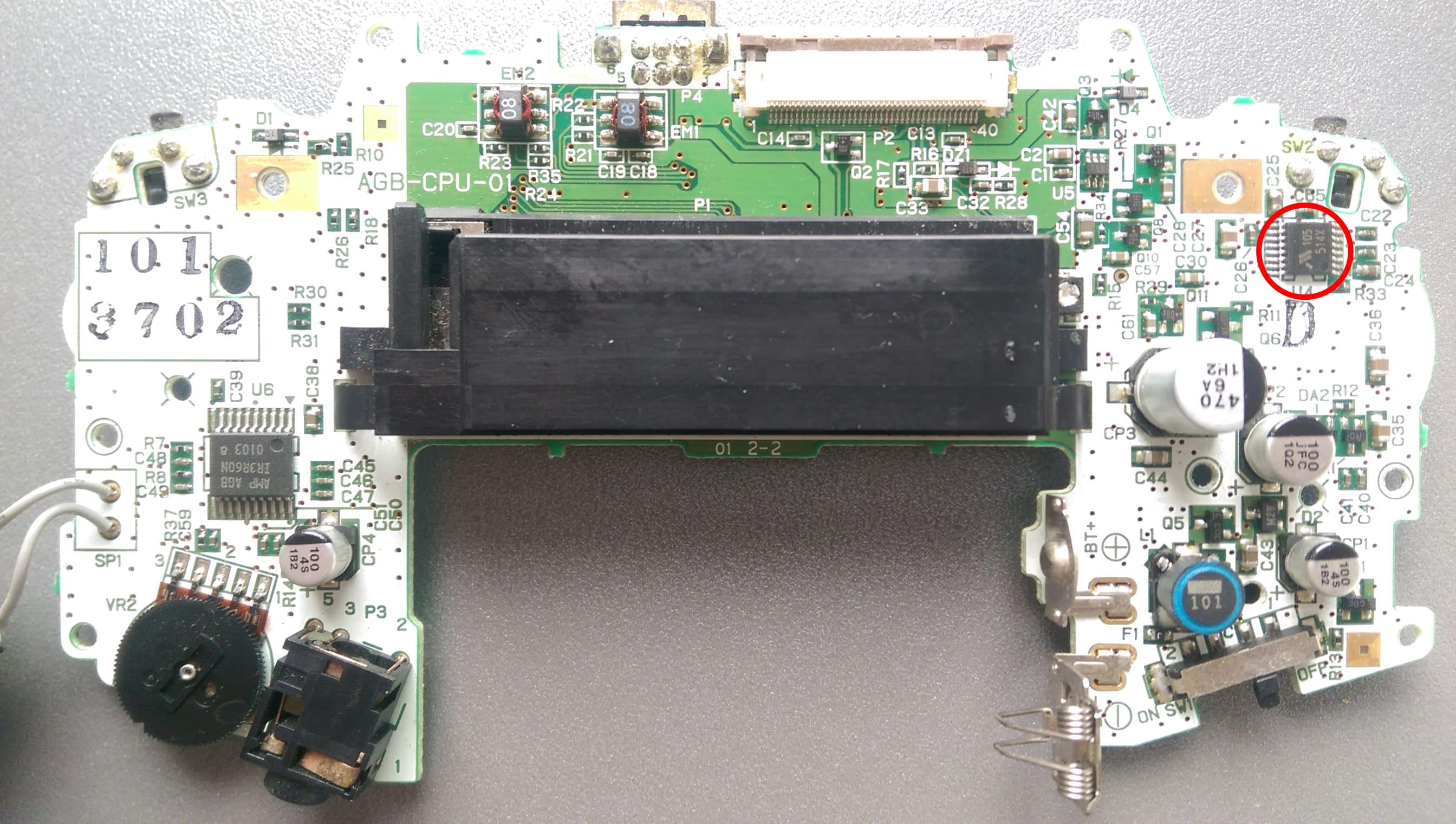 AGB console back photo with the PMIC highlighted