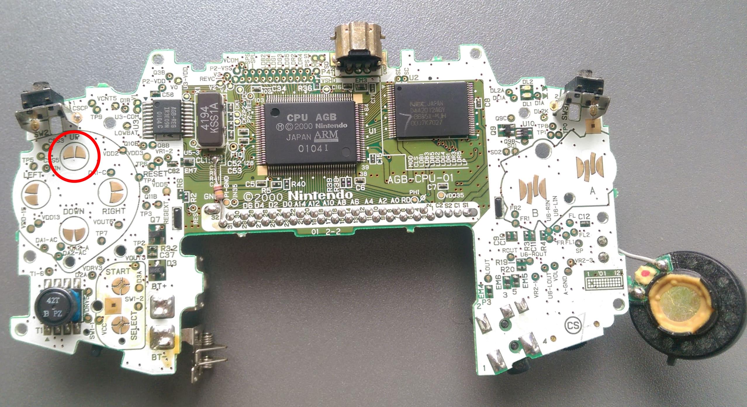 AGB console front photo with up button pads highlighted